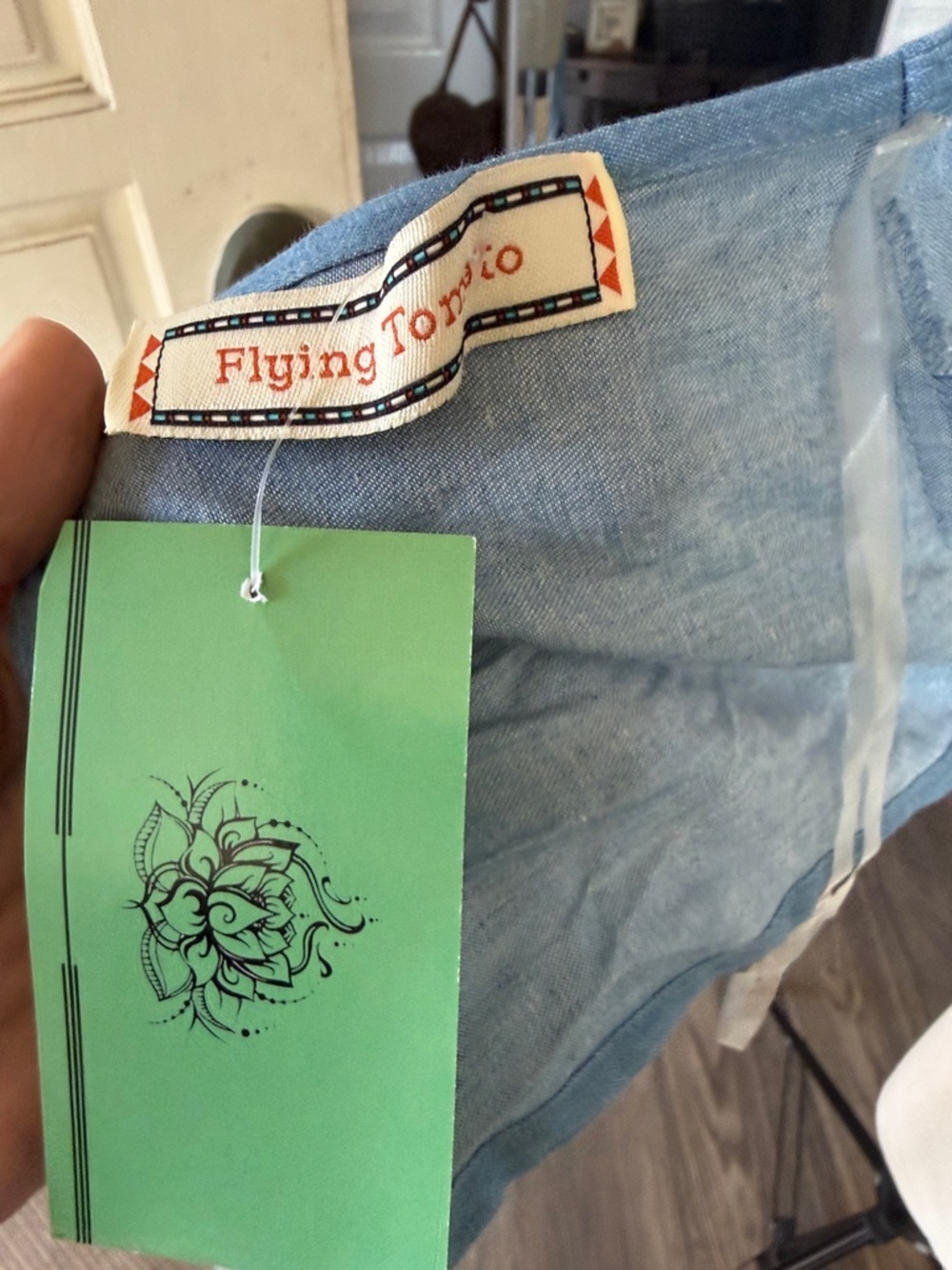 Flying Tomato Light Blue High-Neck Denim-Look Crop Top with long ties one size - Picture 6 of 8